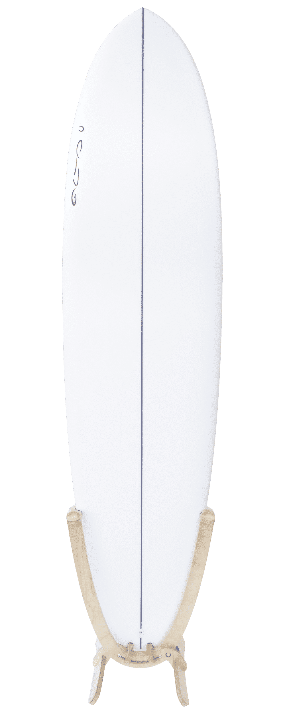 An all white Surfboard with a GLYD O decal on its nose, is mounted in a GLYD O surfboard rack. The Surfboard Rack is a Beautiful clear varnished birchwood curved single surfboard rack in the shape of the tail of a surfboard, with hooks to hold the rails and tail and two slightly curved feet connected perpendicular to the upright curved arms. Image is taken from the front in relations to the vertical surfboard rack.