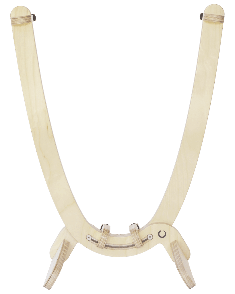 Beautiful clear varnished birchwood curved surfboard rack in the shape of the tail of a surfboard, with hooks to hold the rails and tail and two slightly curved feet connected perpendicular to the upright curved arms. Image is taken from the front of the rack. Transparent background.