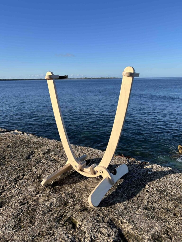 GLYD O surfboard stand, standing on Point Lonsdale lookout. Ocean and coastline in background.