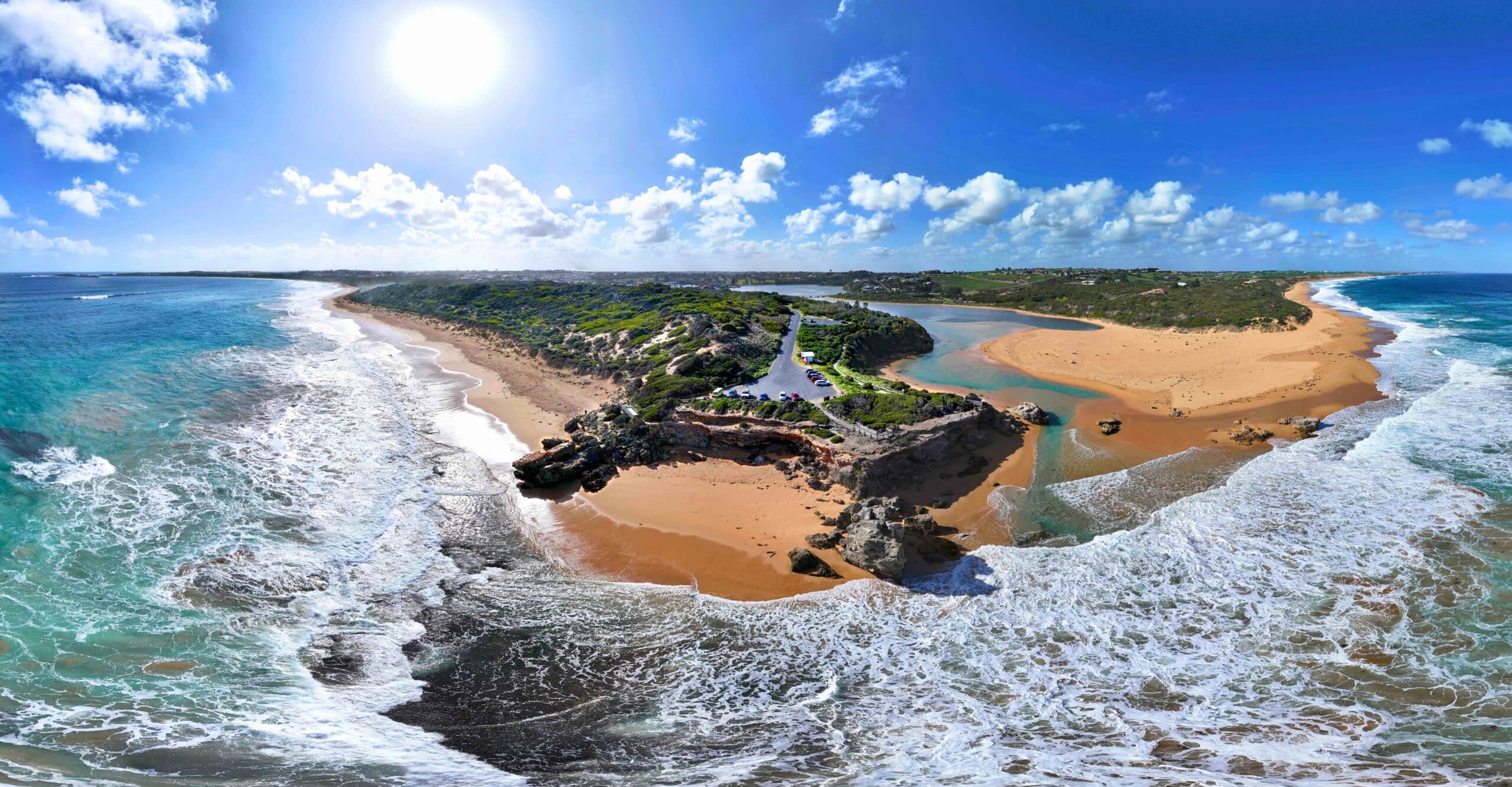 Panoramic aerial view of Point Ritchie in Warrnambool, perfect backdrop for a Freestanding Surfboard Display Stand.