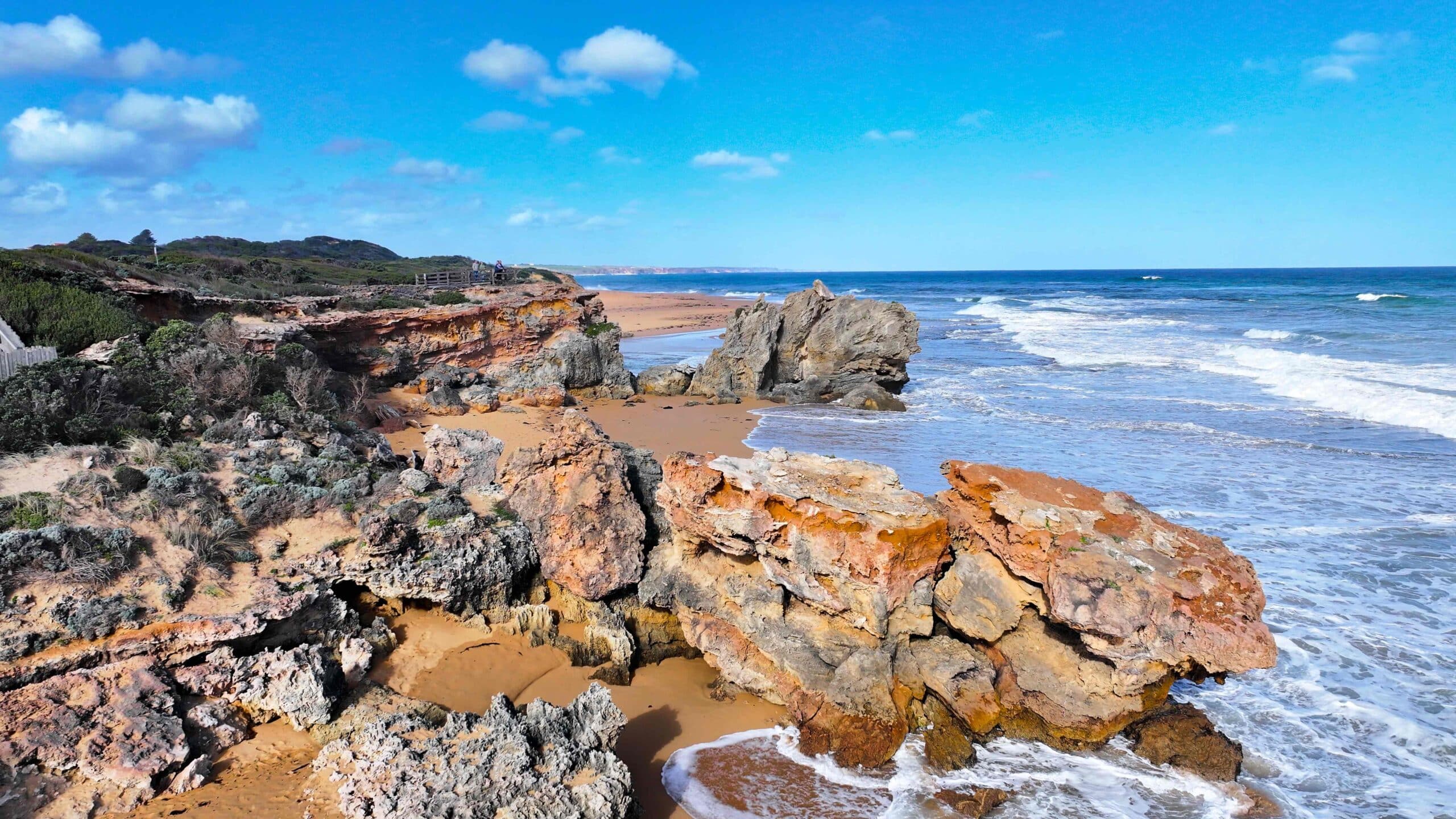 Aerial view of Point Ritchie in Warrnambool featuring rock formations like a Freestanding Surfboard Display Stand